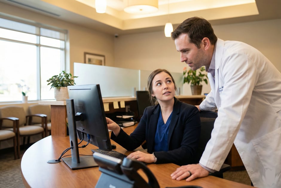 Healthcare team collaborating at a computer desk in a modern medical office