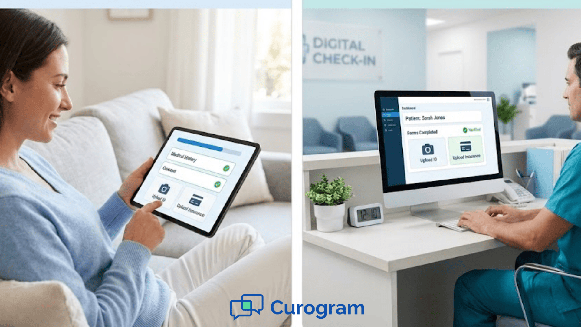 A patient completing digital intake forms on a tablet at home while a clinic staff member reviews the submitted forms on a computer through DrChrono, showing ID and insurance uploads for faster check-in.
