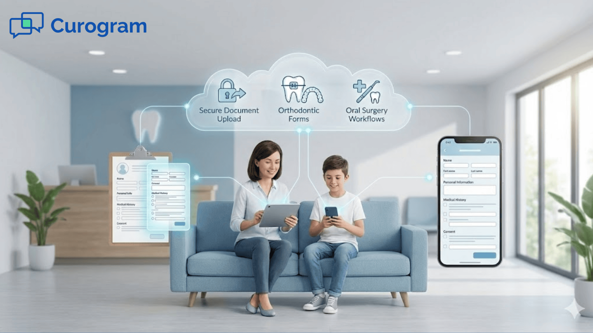 Mother and child completing digital patient forms on a tablet and phone, with icons showing secure document upload, orthodontic forms, and oral surgery workflows powered by Dolphin secure forms.