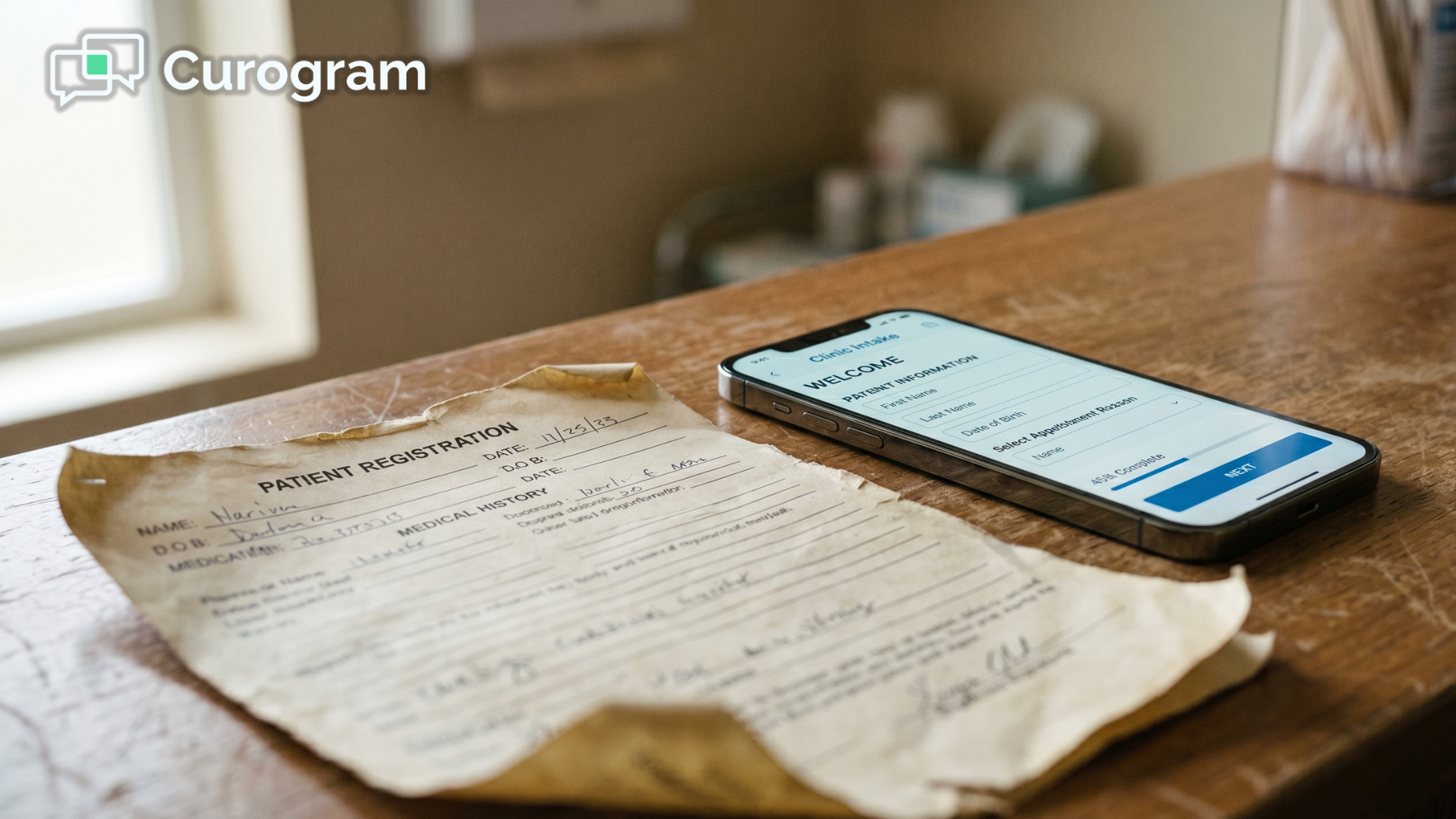 Paper intake form beside a phone showing a digital intake form on a clinic counter