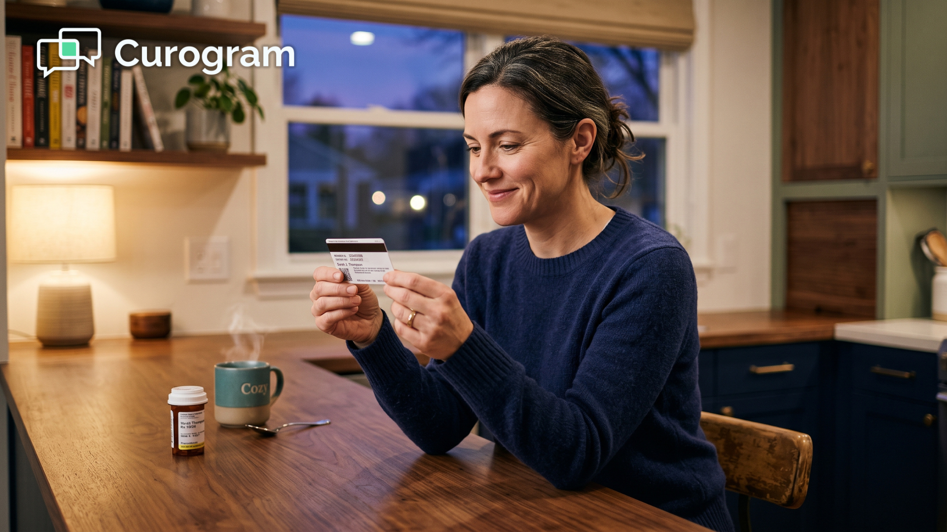 Patient at home reading her insurance card to prepare for online intake forms before a visit