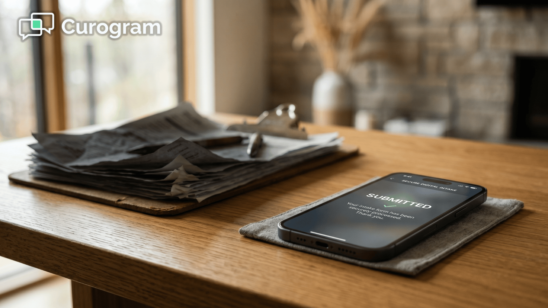 Smartphone with a digital intake form replacing a stack of paper behavioral health forms