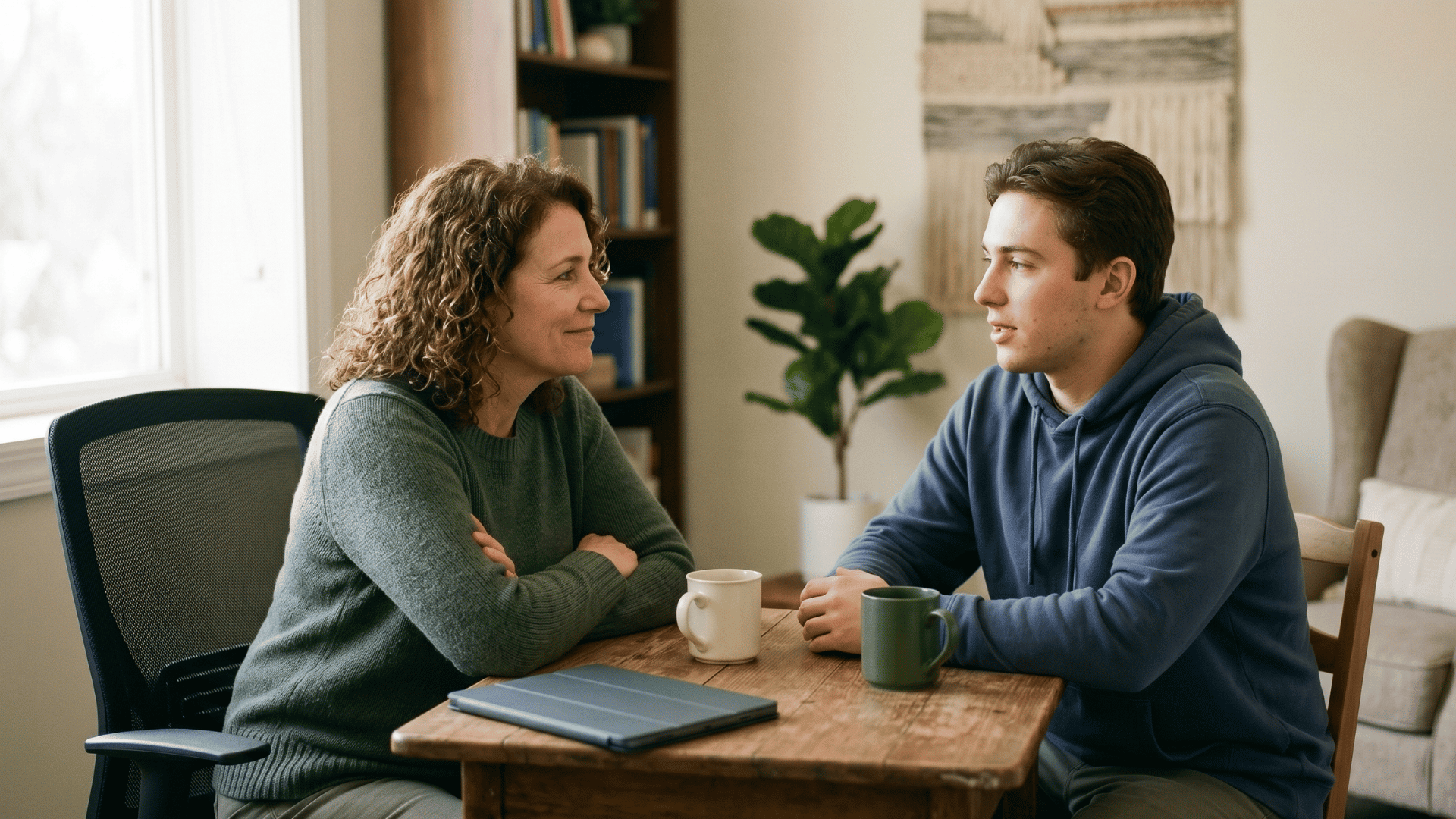 Behavioral health clinician and client talking comfortably after paperless digital intake