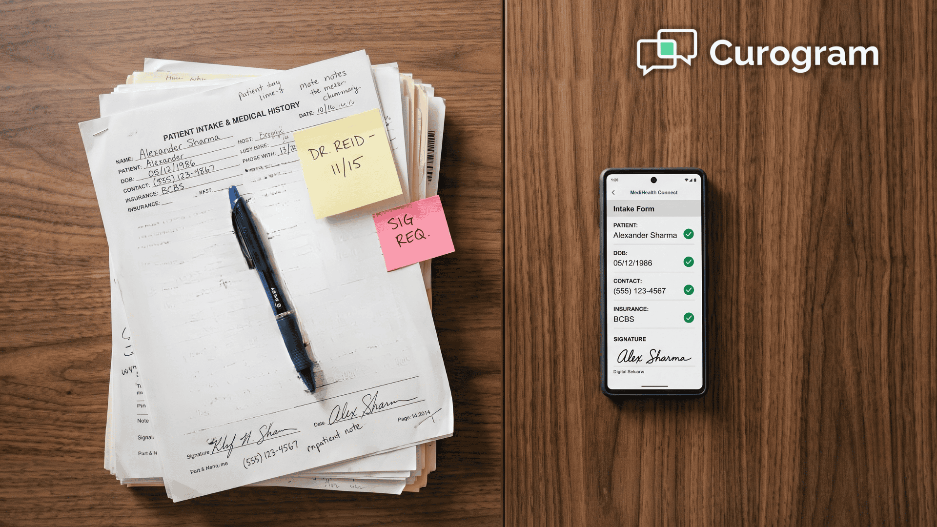 Paper intake forms beside a phone showing a digital eClinicalWorks intake form