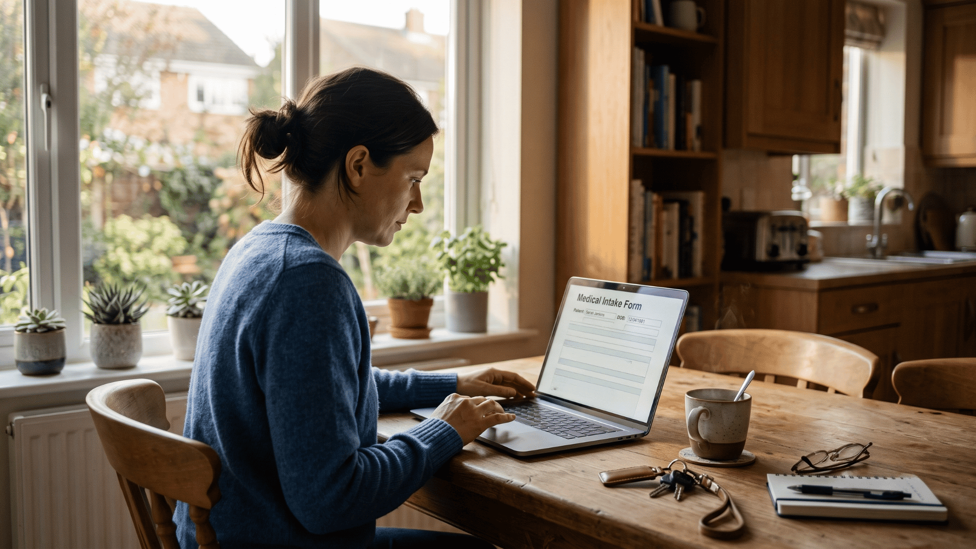 Patient completing a digital intake form on a laptop at home before a visit