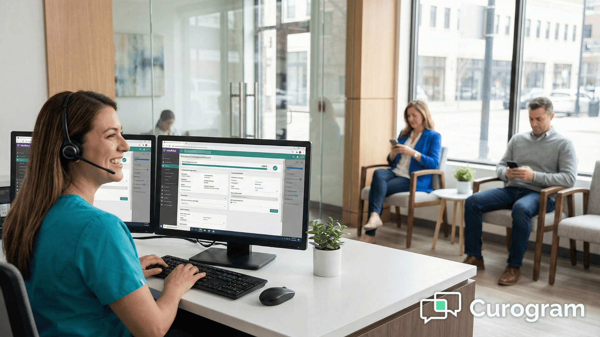Medical front desk staff reviewing digital patient intake data in ModMed EMA system