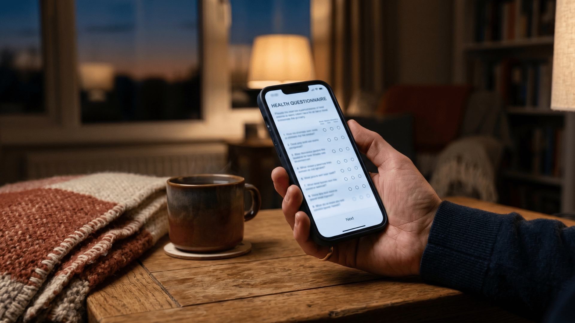 Patient completing pre-treatment screening form on phone at home before Osmind appointment
