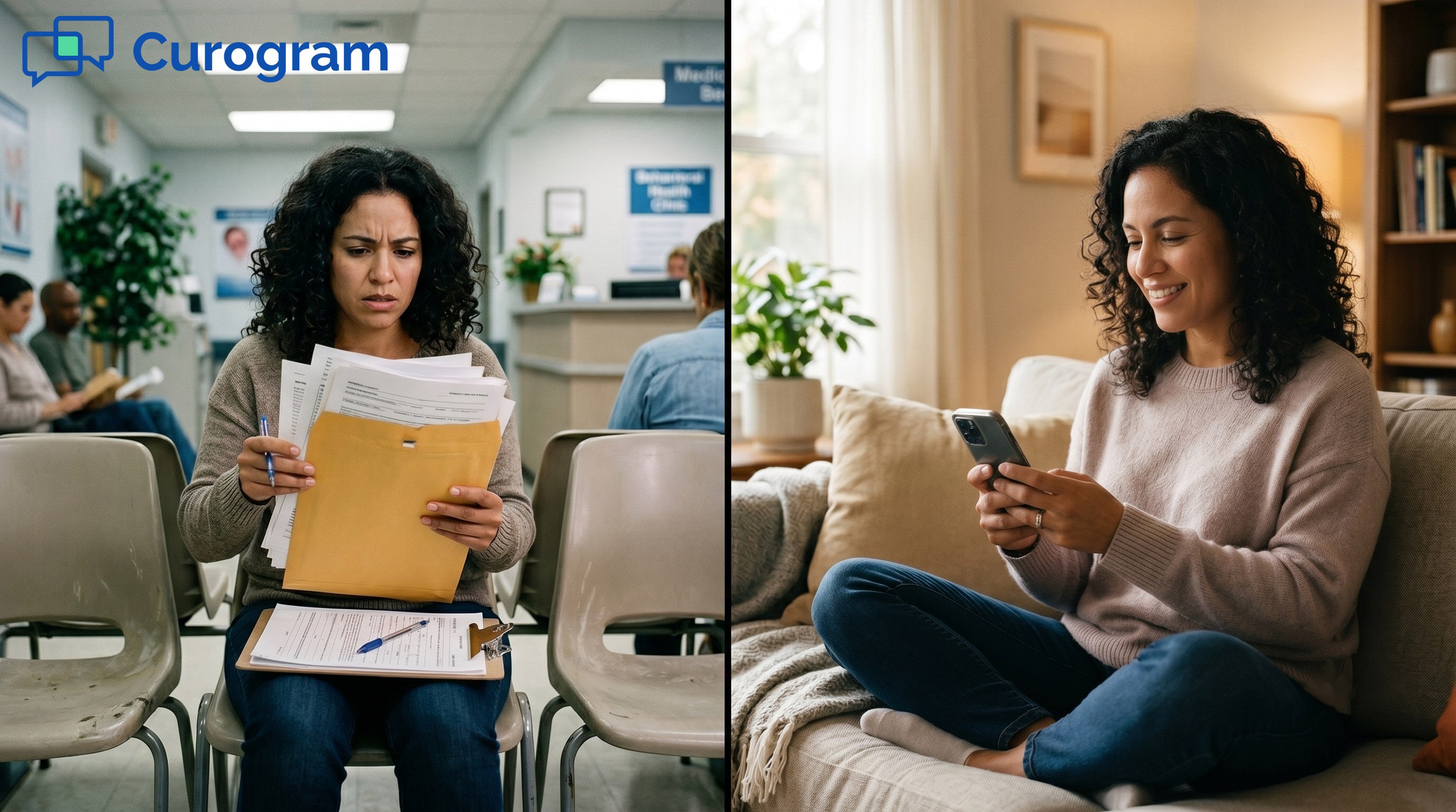 Stressed patient with paper forms in clinic vs. relaxed patient filling digital form on sofa at home