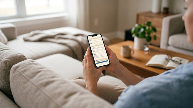 A woman holds a smartphone displaying a clean, simple digital health form in a home setting