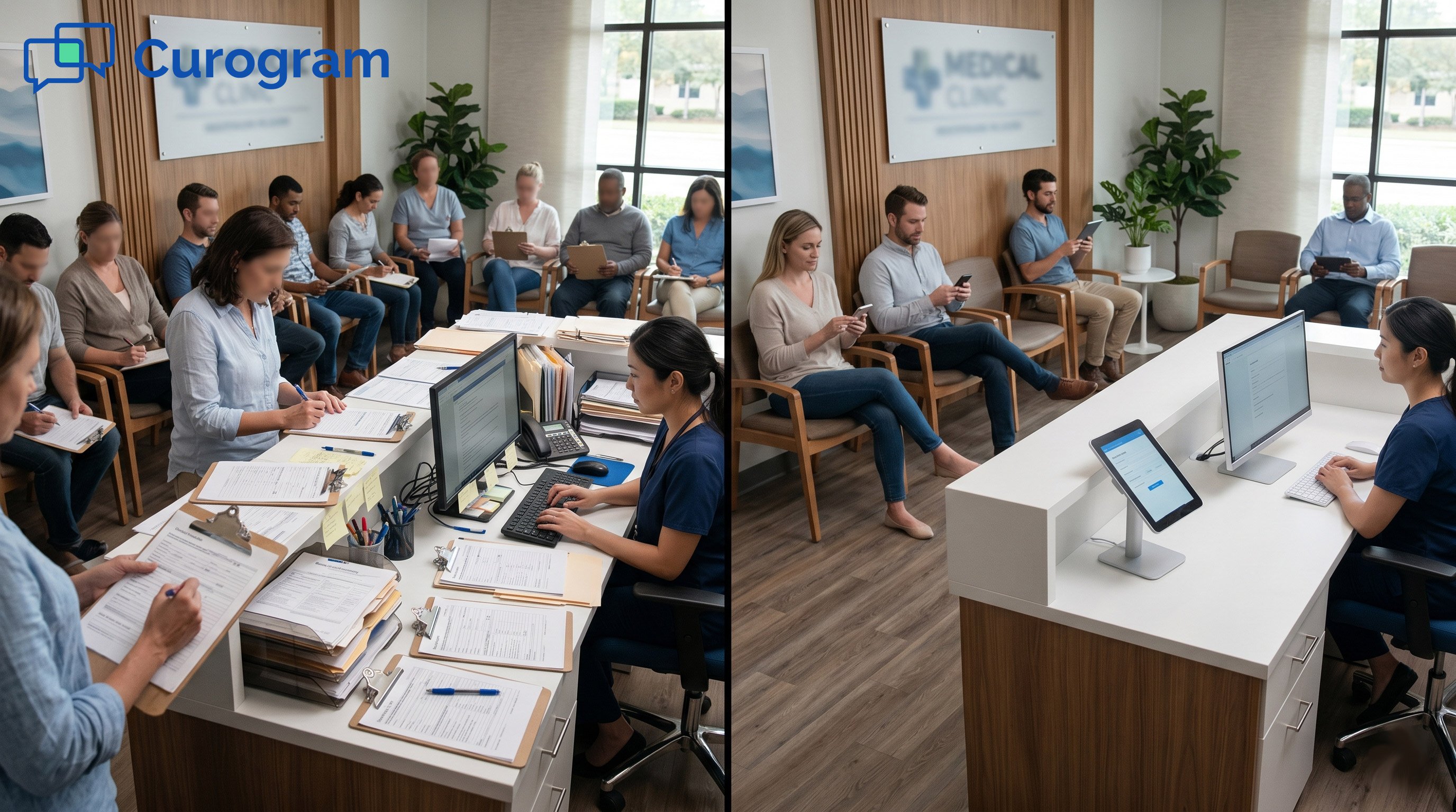 Split-screen comparing chaotic paper intake to modern digital waiting room