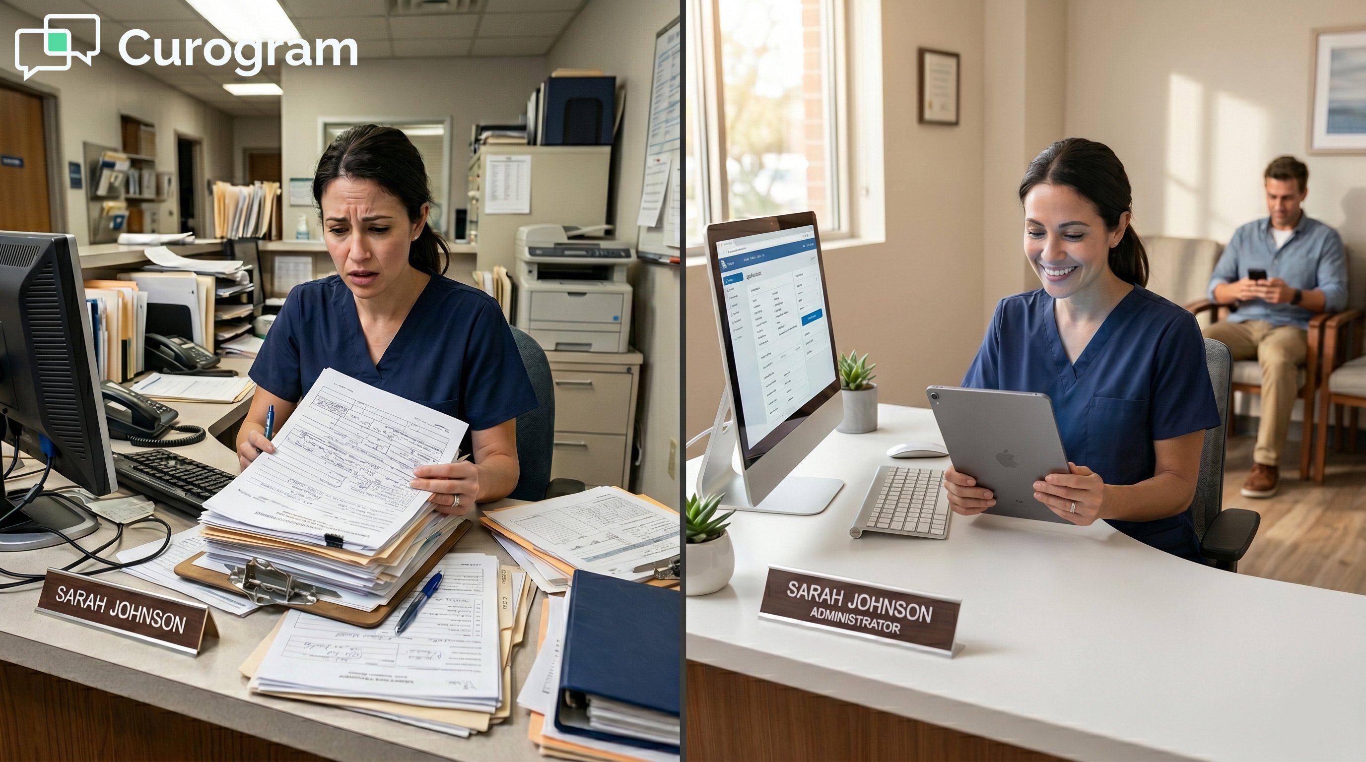 Medical office transformation: messy desk (before) vs. digital workflow (after)