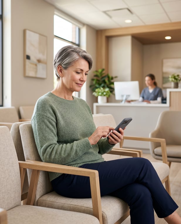 A smiling patient checking in with a mobile device in a modern office