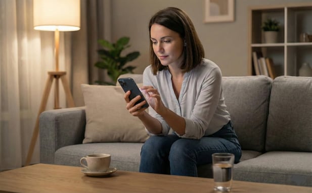 Patient at home using a smartphone to complete digital medical intake forms