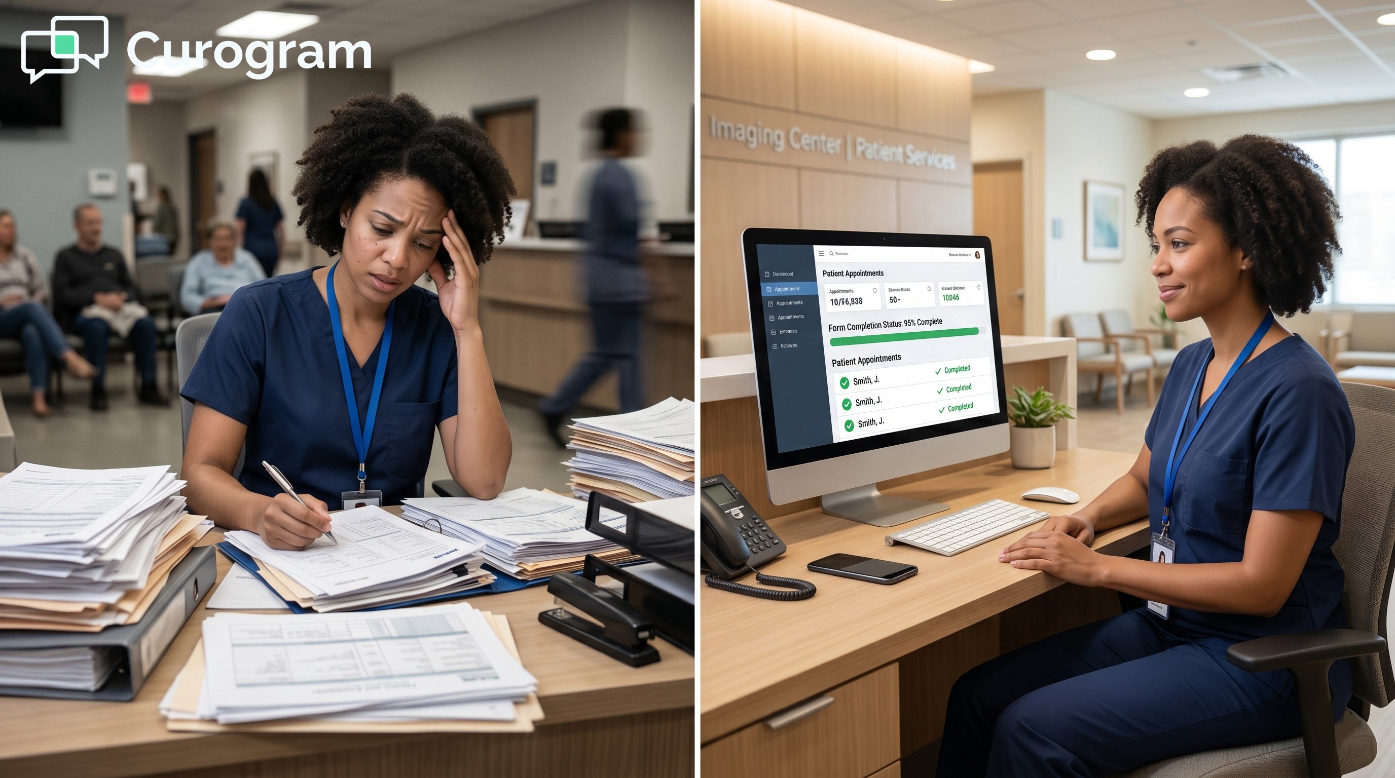 Stressed receptionist managing overwhelming paper patient intake forms at medical clinic