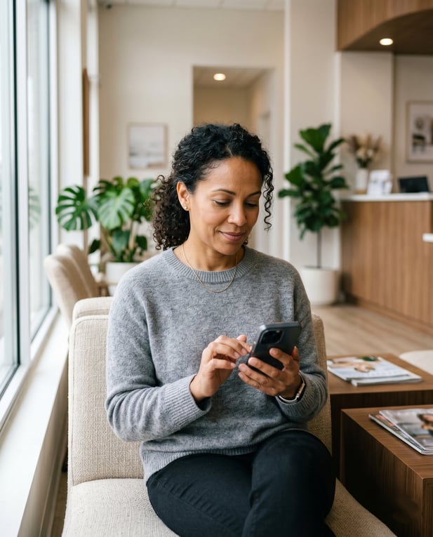 Relaxed patient using smartphone for digital registration in medical office waiting room