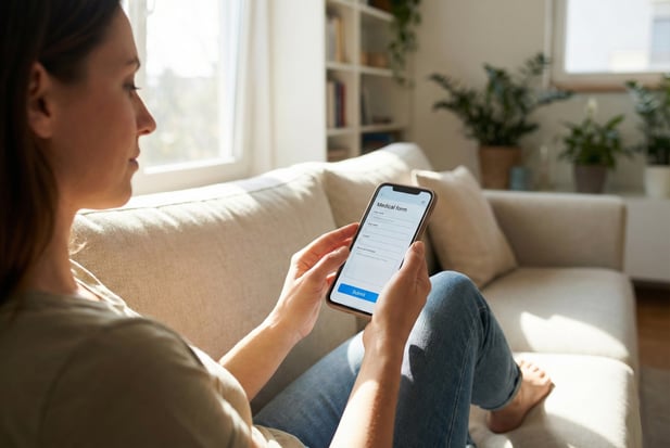 Patient filling out a digital medical intake form on a smartphone in a home setting