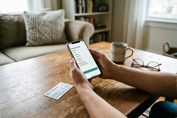 Patient hands completing a mobile medical intake form on a smartphone from the comfort of home