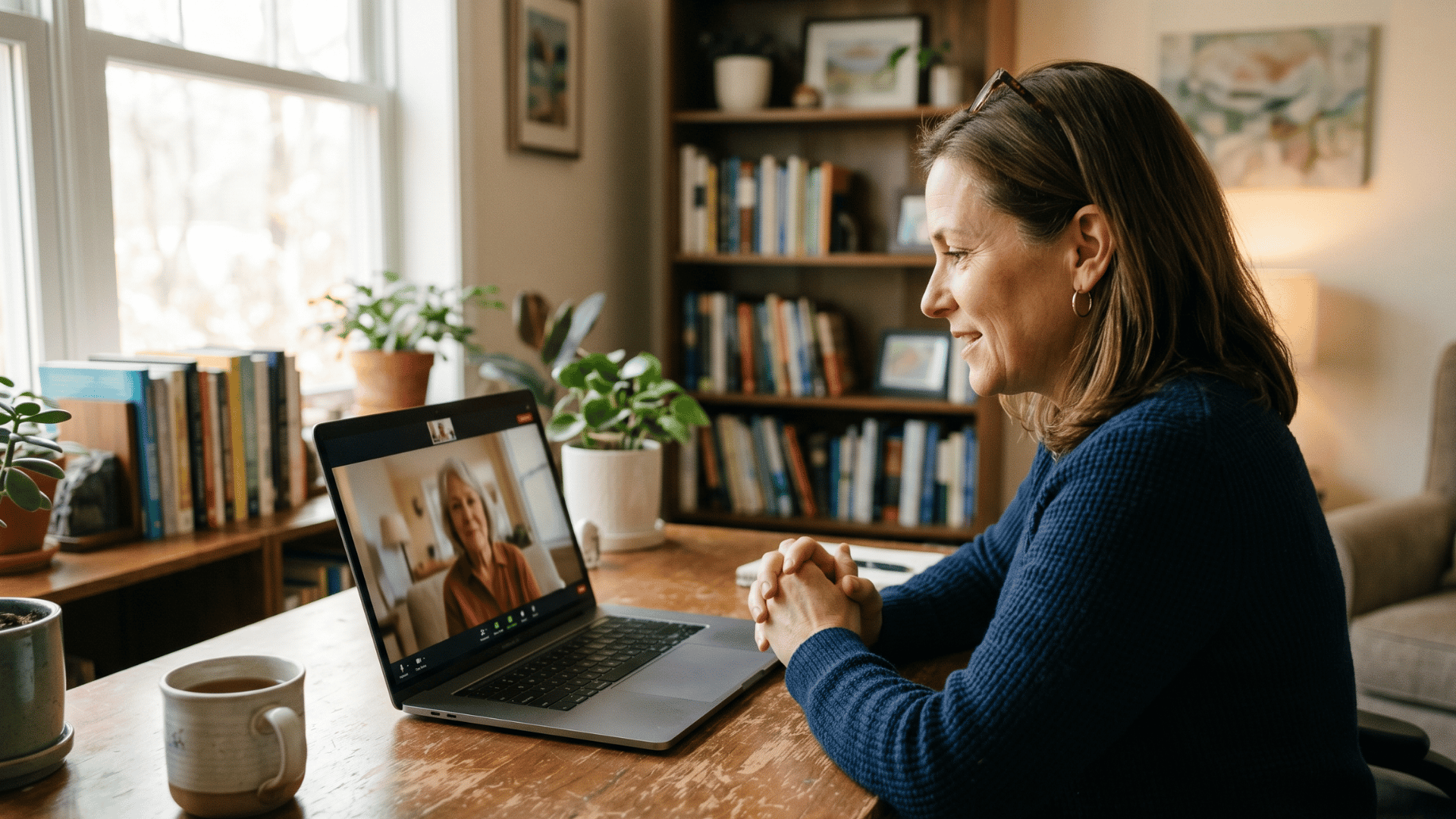 Therapist in a secure text-launched telehealth session with a patient