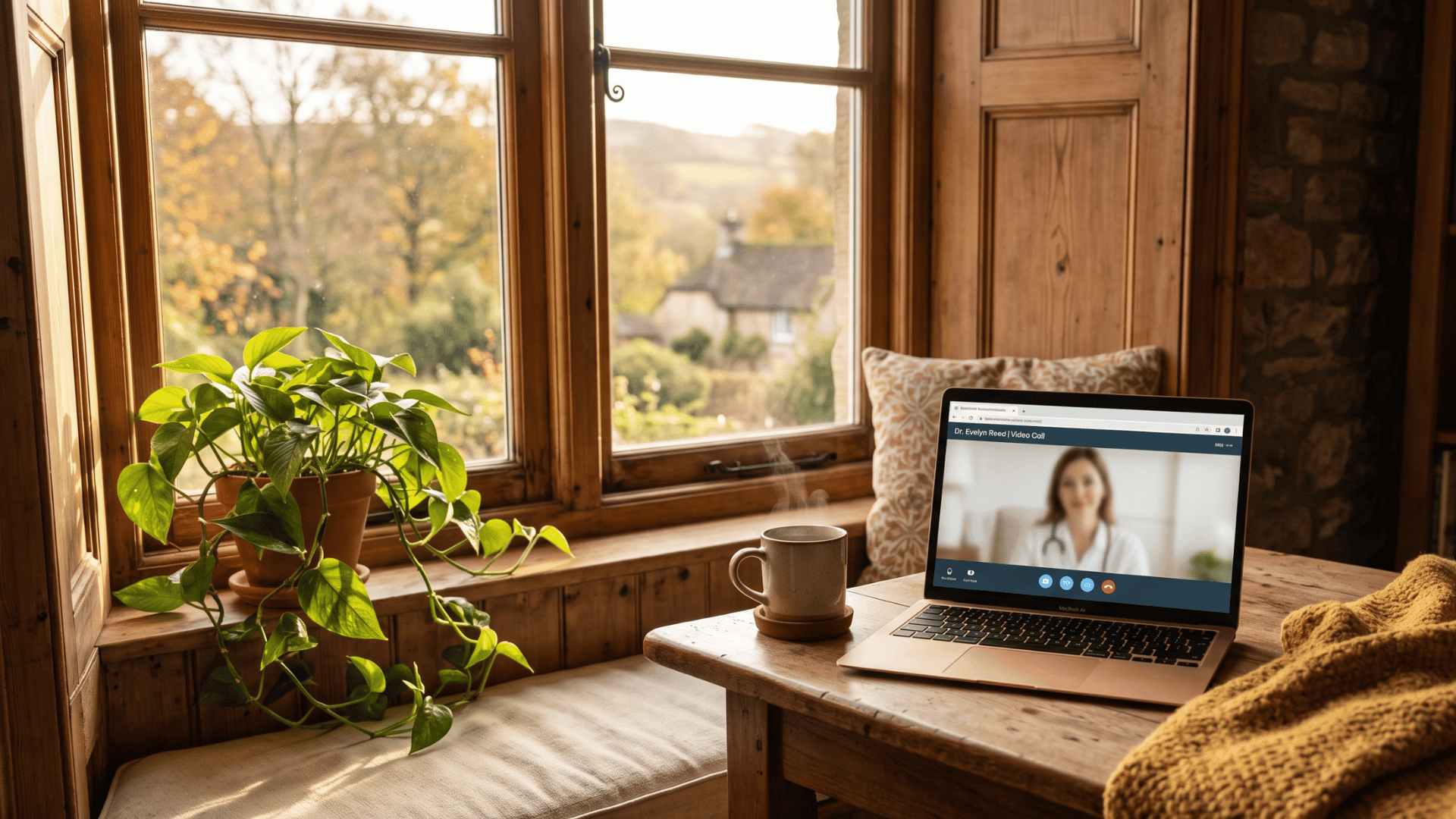 Home laptop open to a browser-based eClinicalWorks telehealth visit