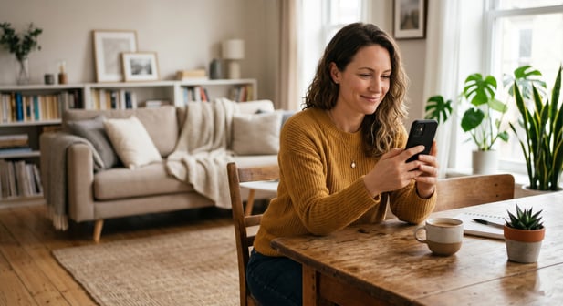 Reassuring candid photo of a person relaxing on a smartphone in a cozy home setting