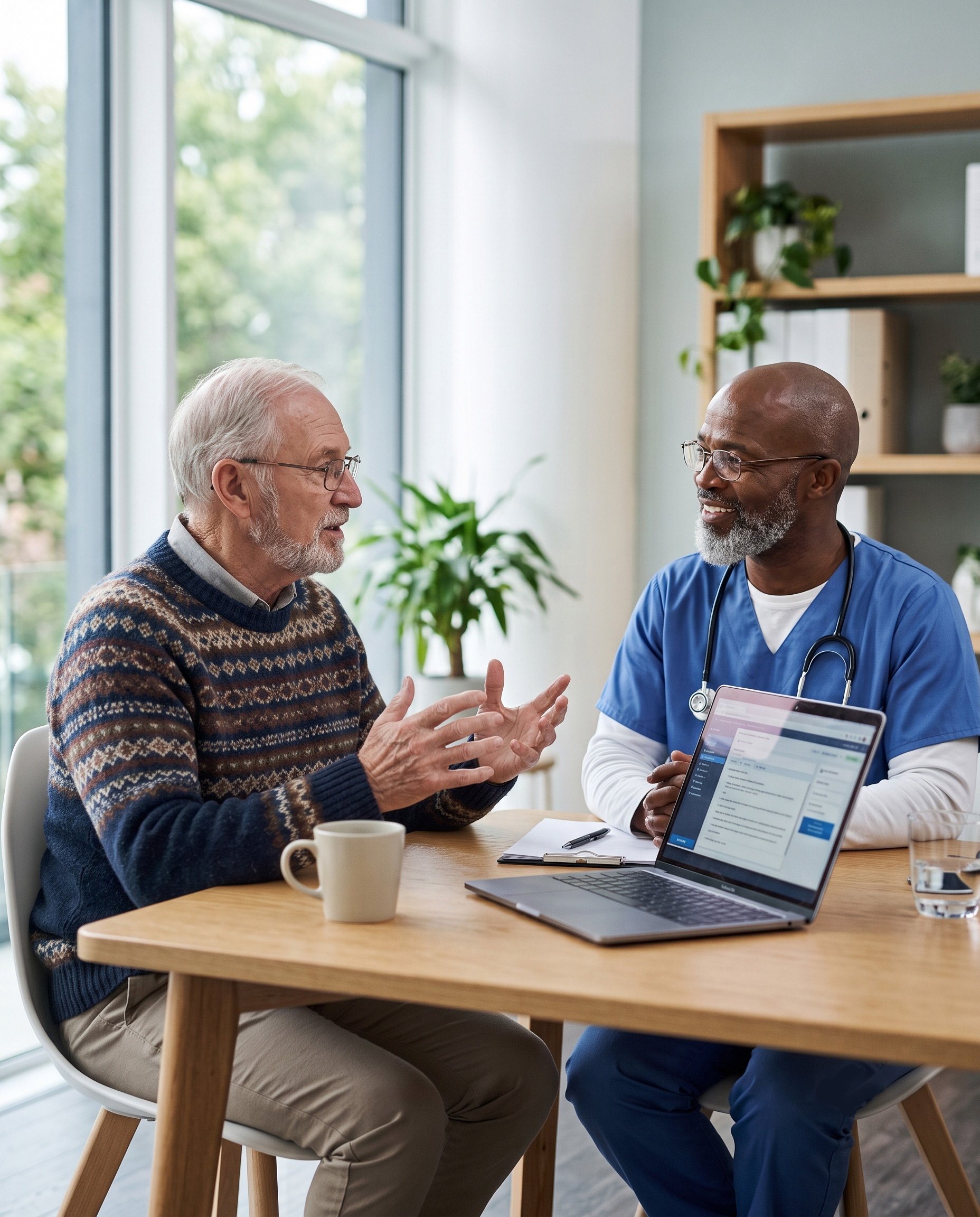 Elderly patient explains understanding back to doctor, illustrating the "listen" step