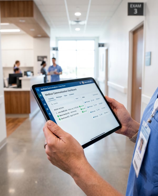 Healthcare professional holds a tablet displaying synced medical data in a modern clinic