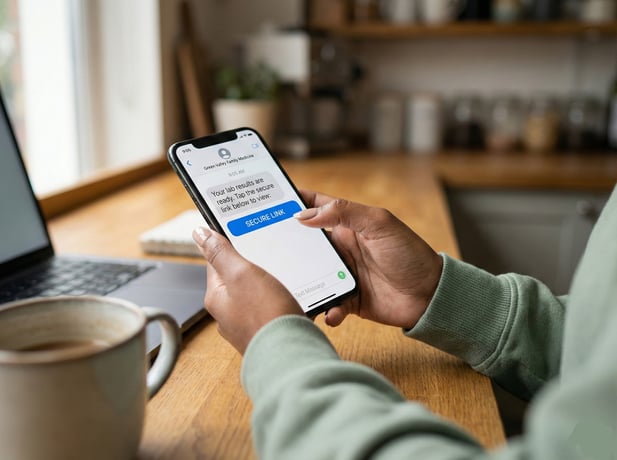 Patient viewing secure message with lab results link on smartphone