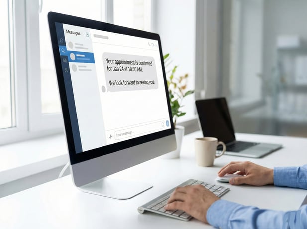 Stock photo of a person using a computer to send a patient appointment confirmation text