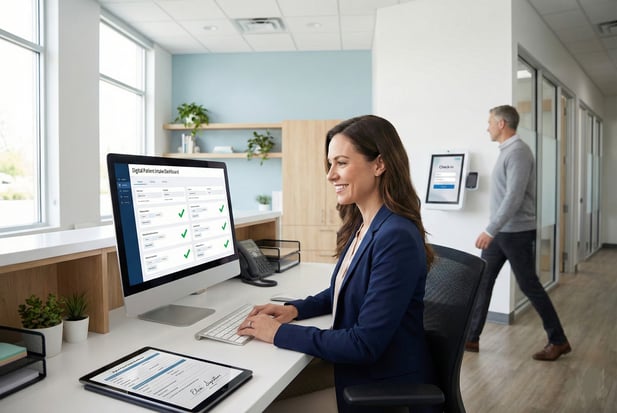 Smiling receptionist managing electronic health records on a digital intake dashboard
