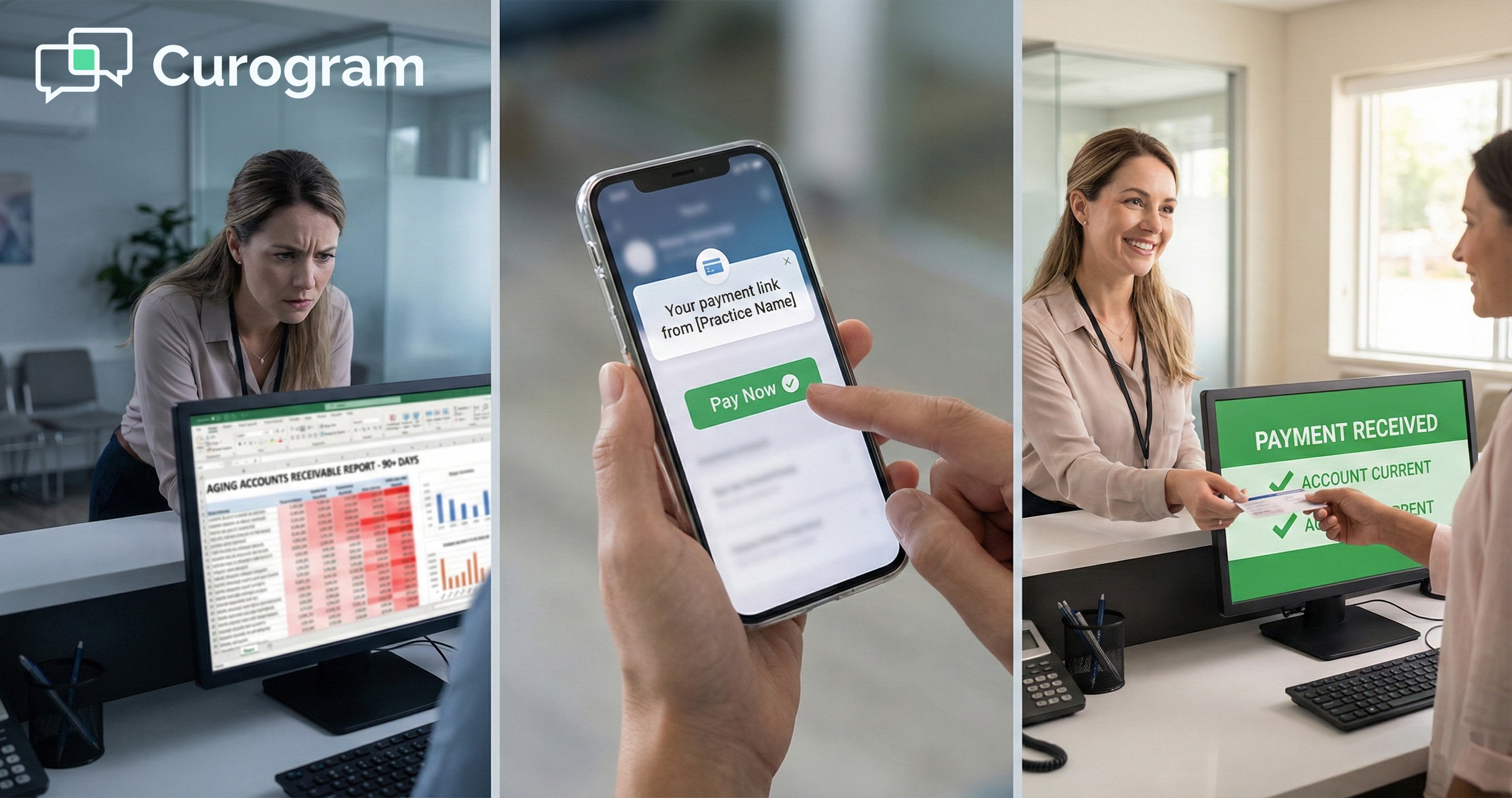 Photo collage showing the transformation of the patient payment process using mobile technology