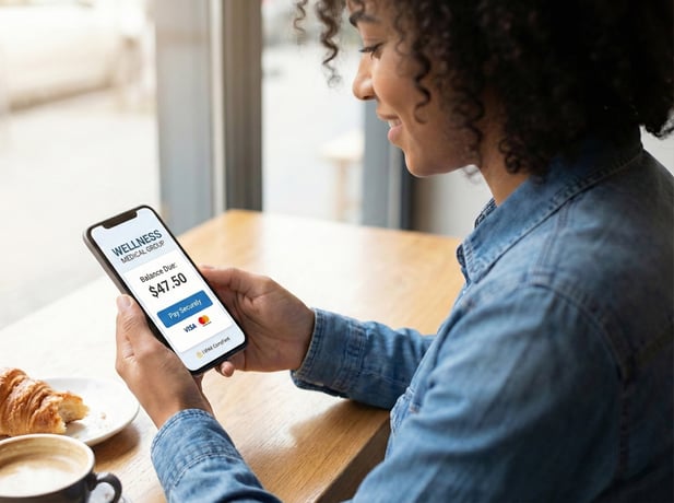 A woman smiling at her smartphone while paying a medical bill in a casual cafe setting