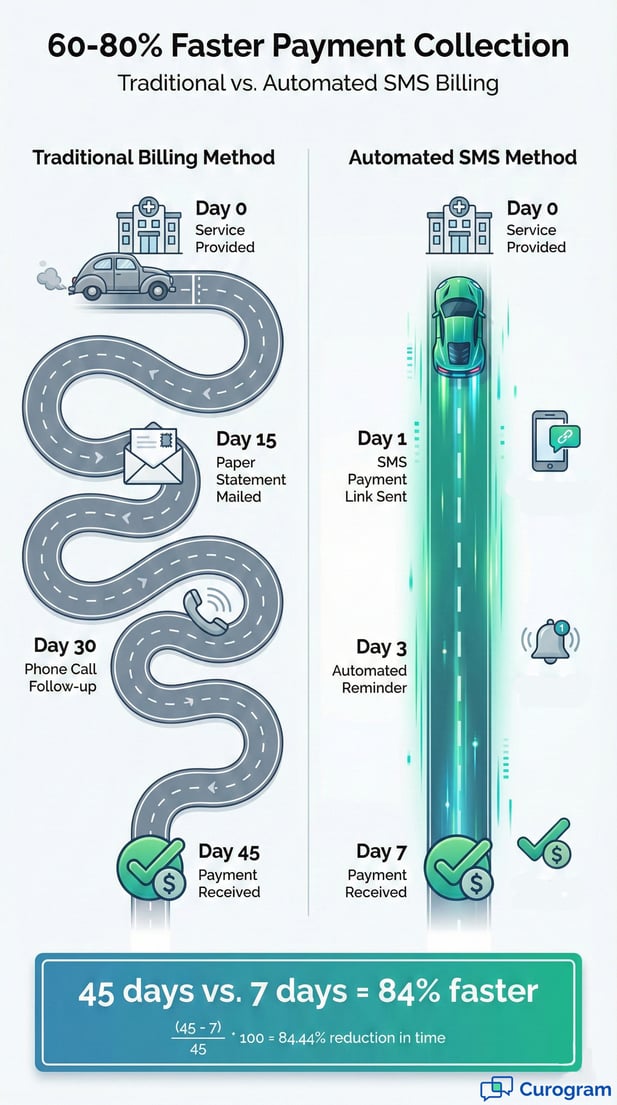 Infographic comparing traditional medical billing to automated SMS billing, showing SMS is 84% faster