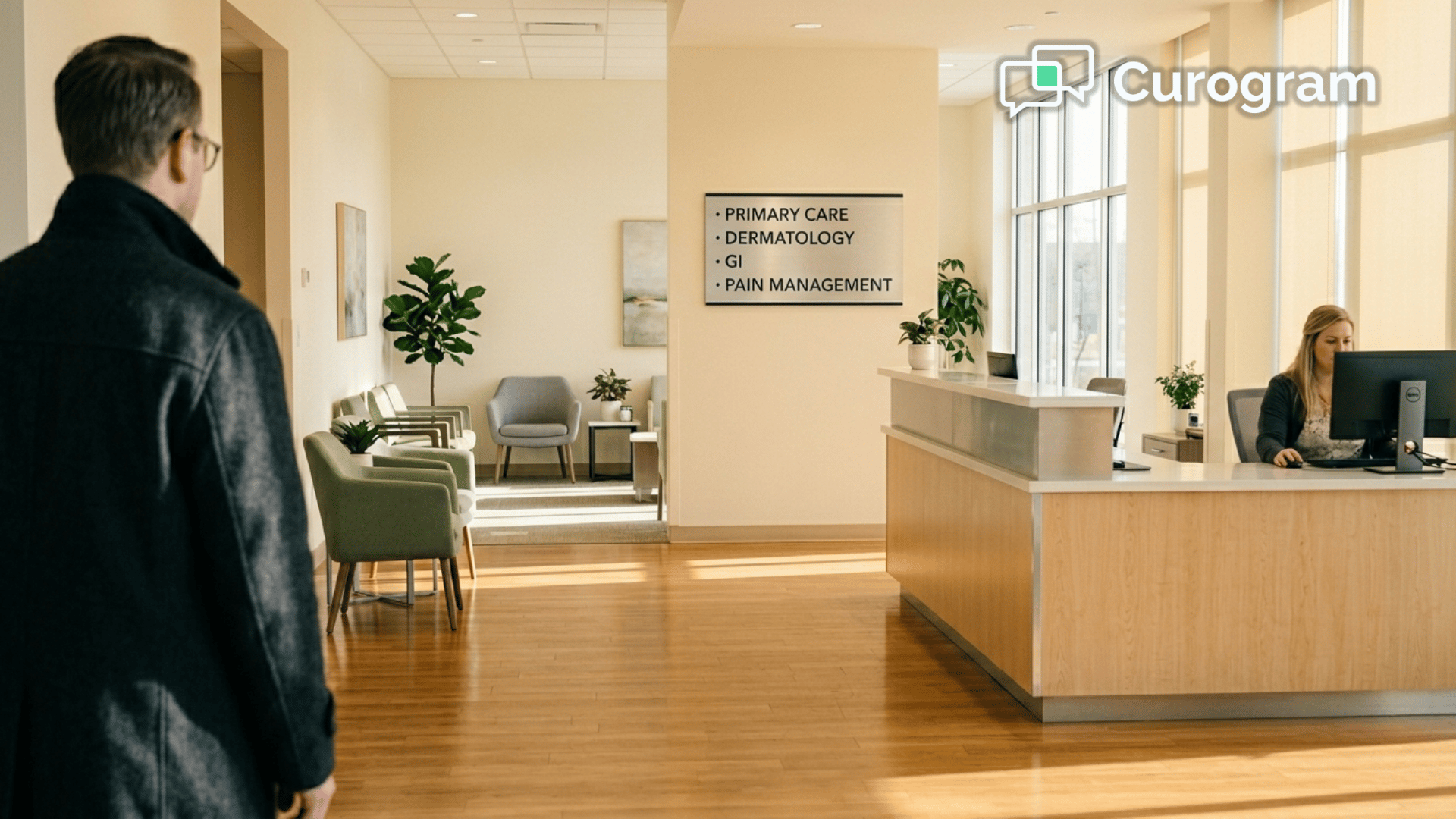 Patient walking into calm paperless medical practice lobby after completing digital intake forms