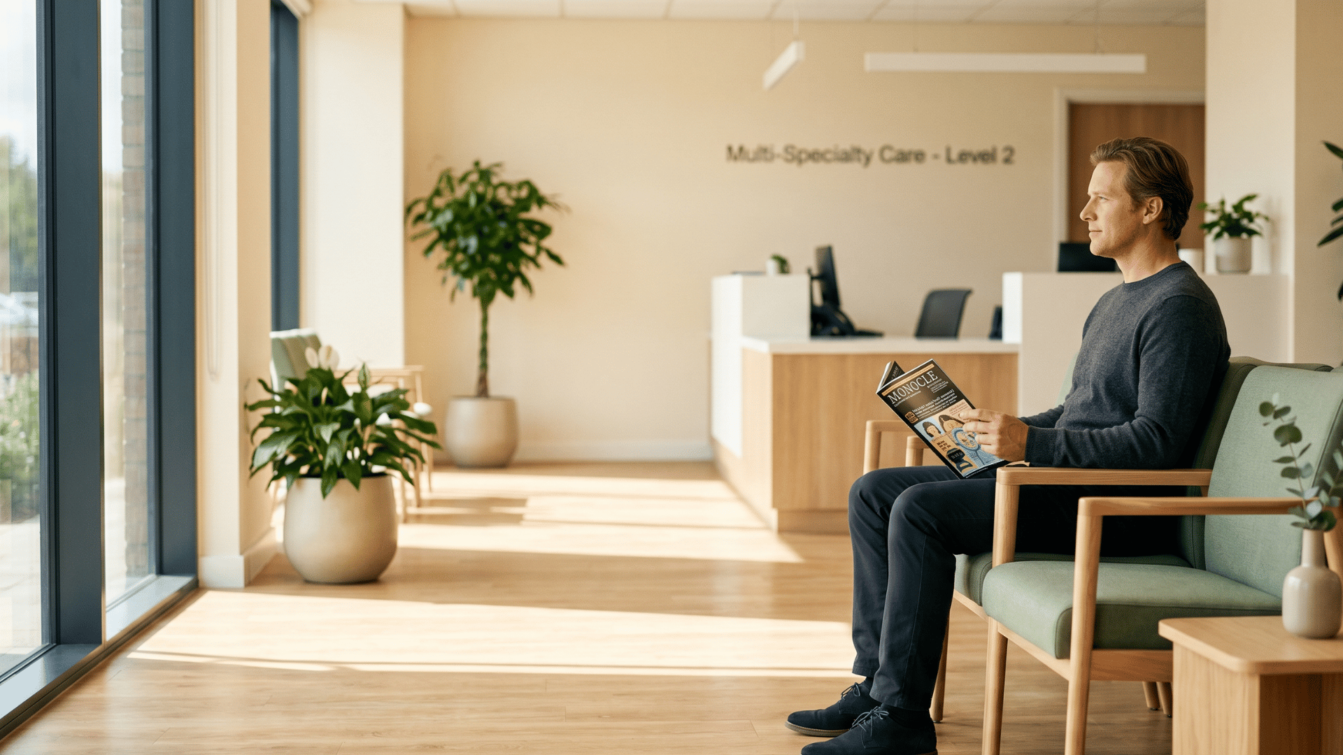 Relaxed patient waiting at modern medical practice after completing pre-visit digital intake forms