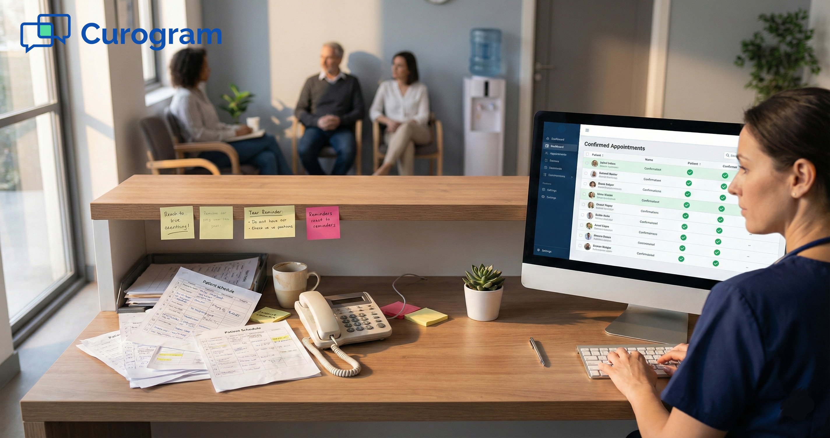 Medical receptionist desk showing messy papers alongside clean digital appointment software