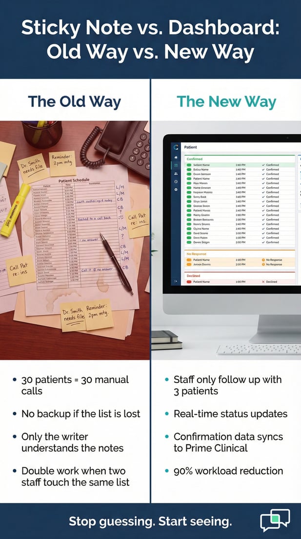 Infographic showing the efficiency of digital patient scheduling dashboards over manual paper lists