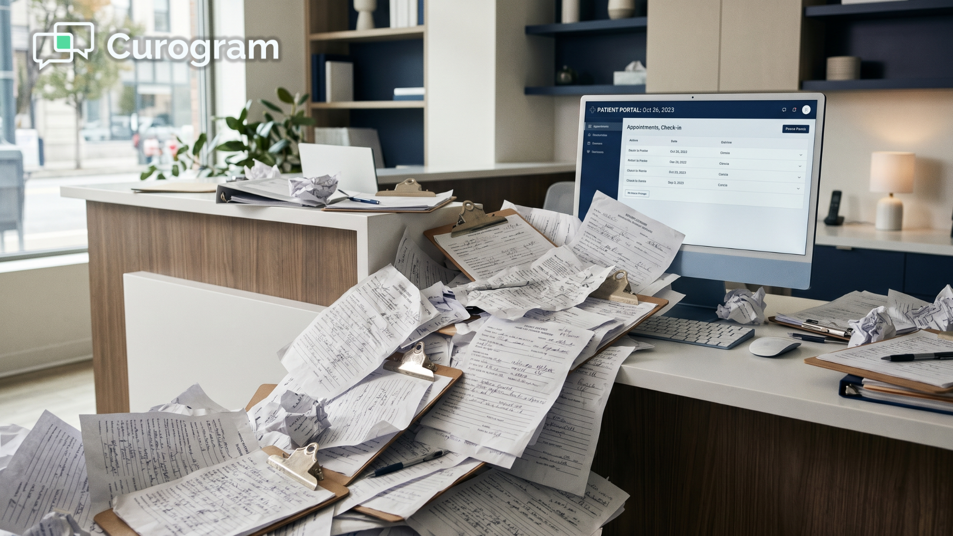 Paper intake forms overflowing across a medical front desk near a digital monitor at a Modmed clinic