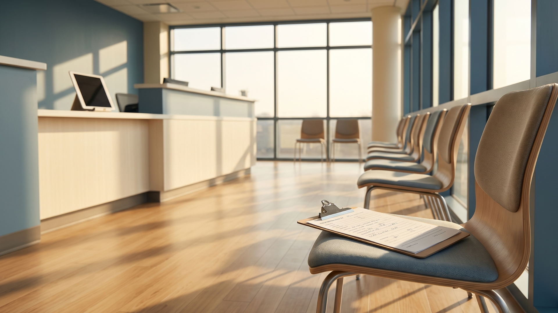 Empty specialty practice waiting room with paper clipboard and digital tablet showing intake transition
