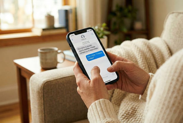 Close-up of phone screen showing patient text message about appointment rescheduling
