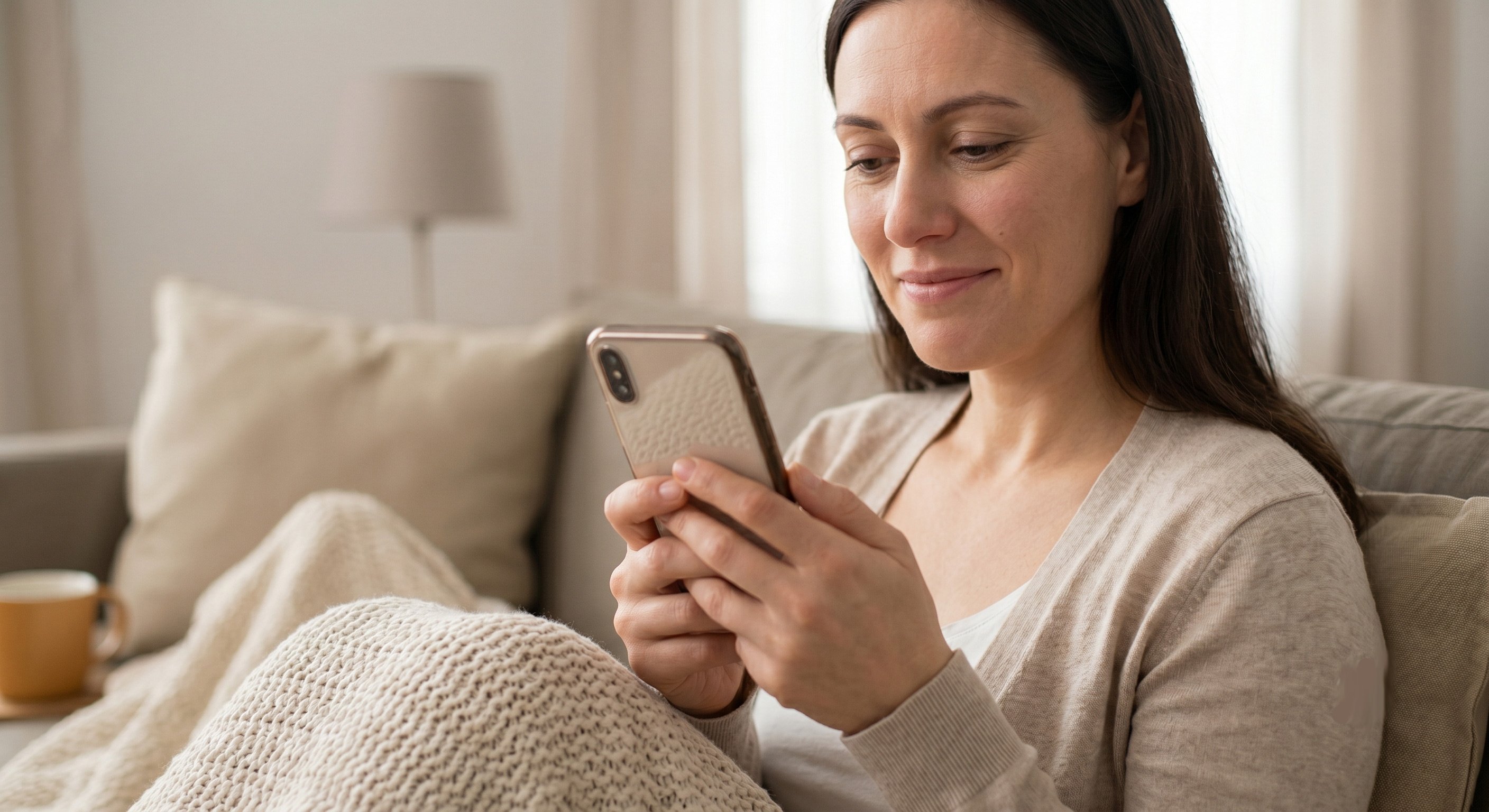 Woman smiling on a couch, feeling supported by an empathetic healthcare text message