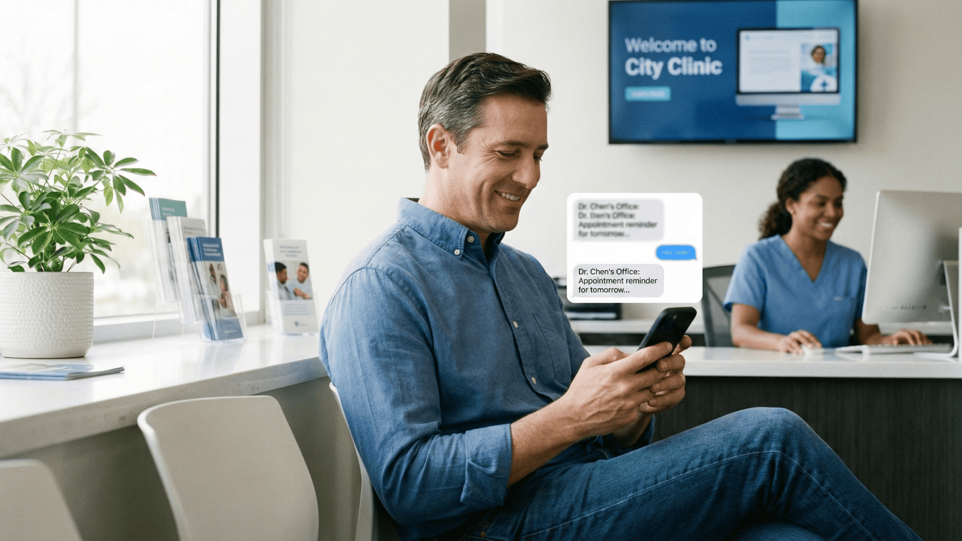 Patient checking appointment reminder on phone in modern medical office waiting room
