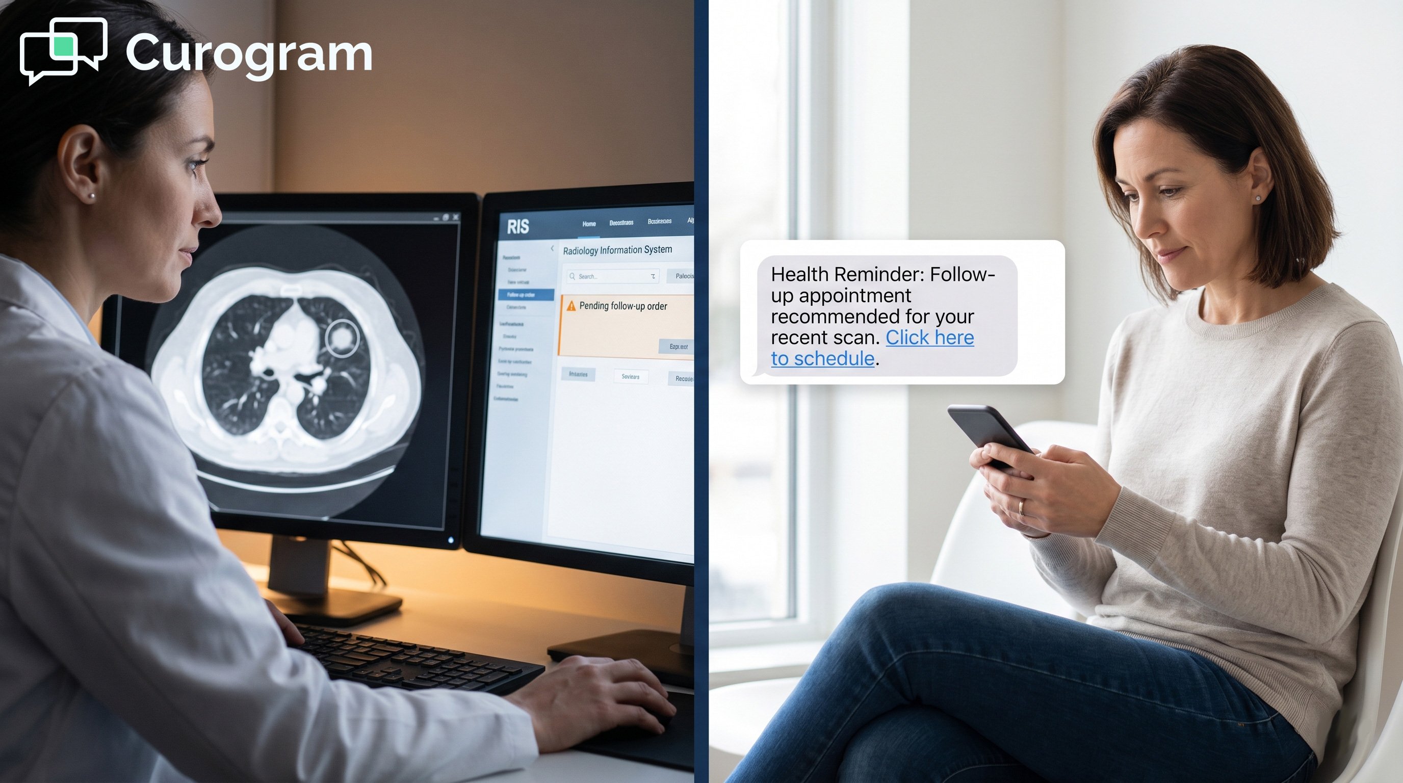 Split-screen: radiologist reading a CT scan and patient receiving a health reminder text message
