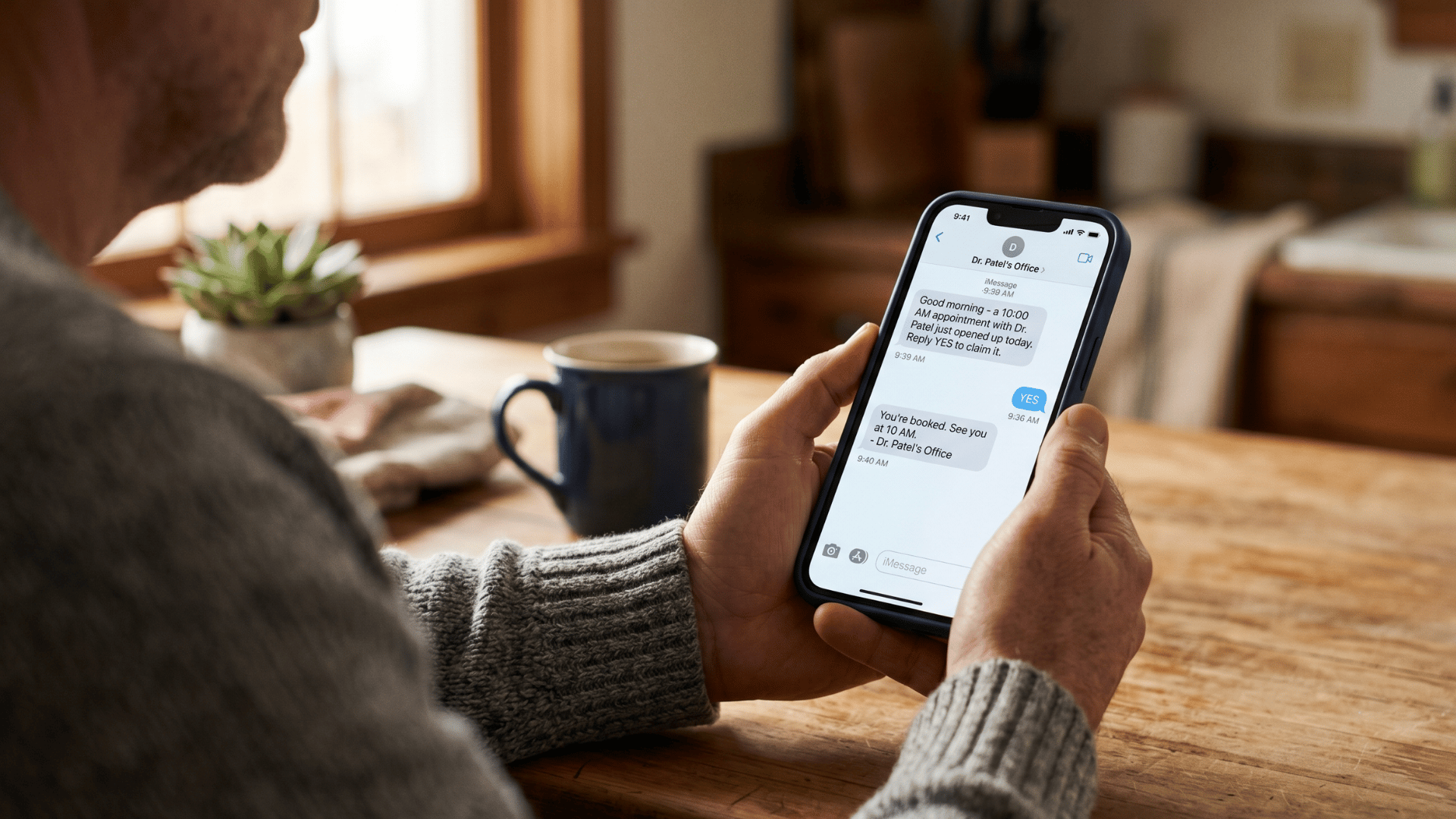 Patient confirming a same-day appointment opening through automated waitlist texting on their phone at home.
