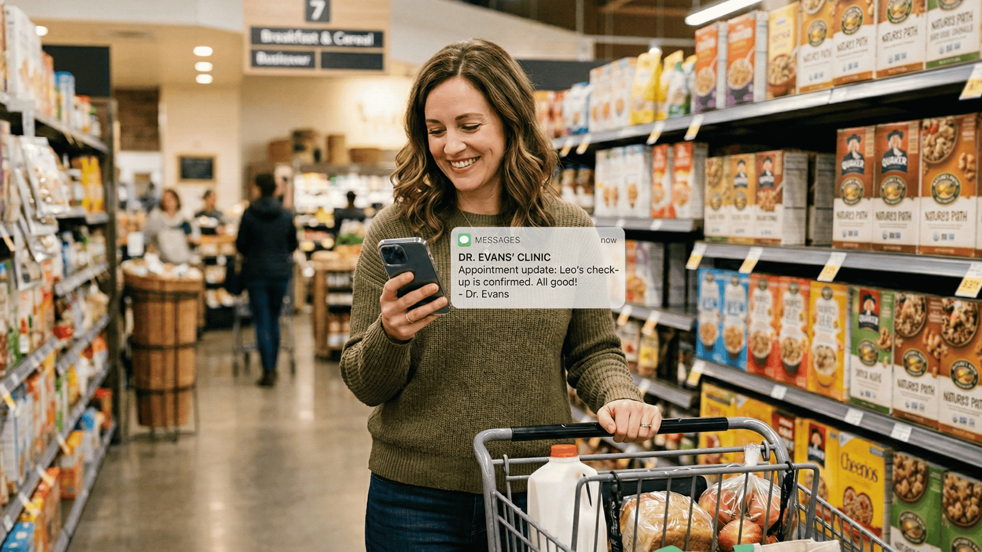 Mother in grocery store reading SMS notification about open therapy appointment slot