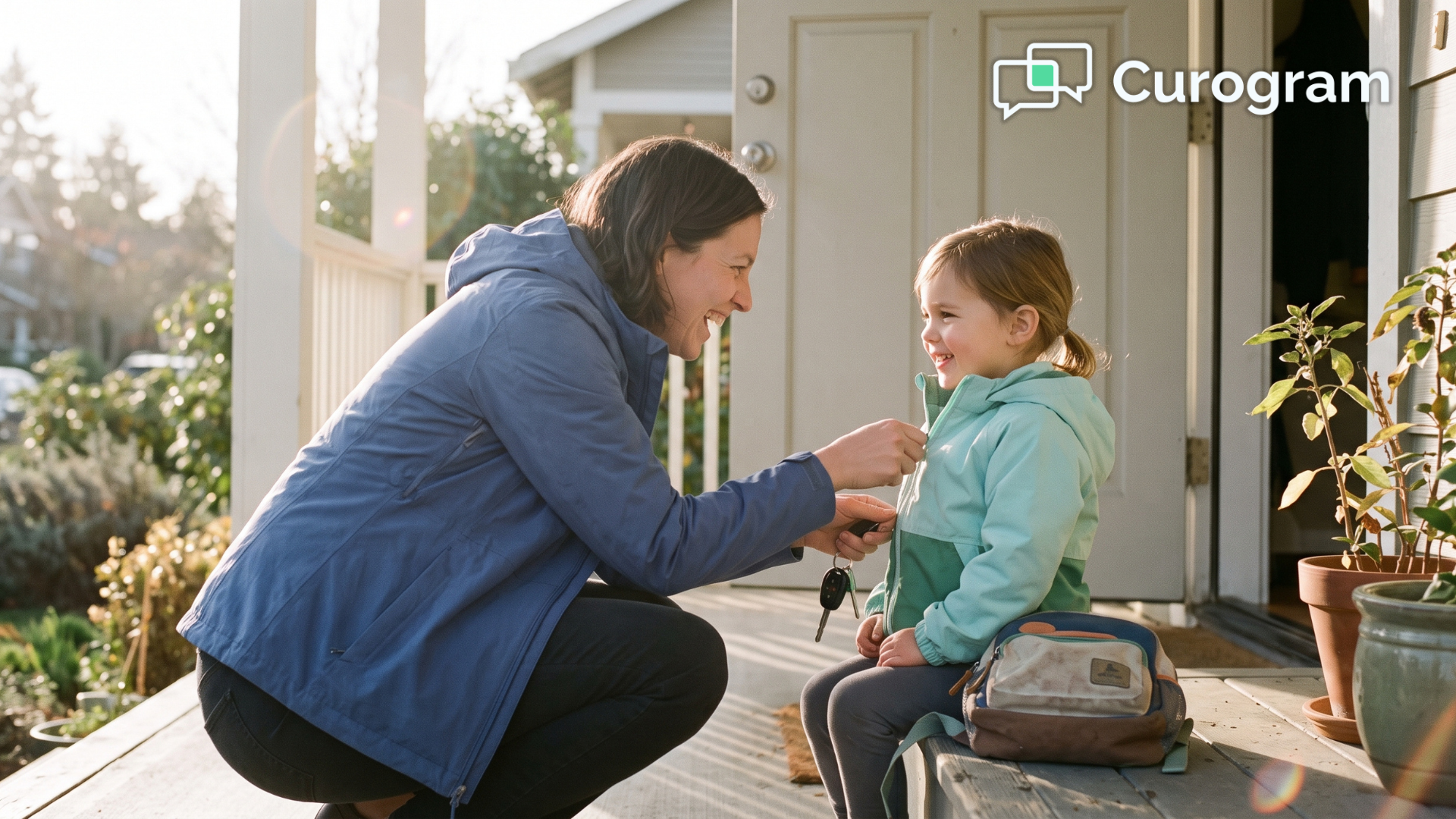 Parent zips child’s jacket on a sunny porch before a same-day therapy appointment