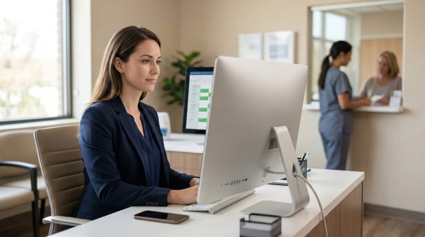 Modern, calm medical front desk with confirmed digital schedules and efficient patient workflow