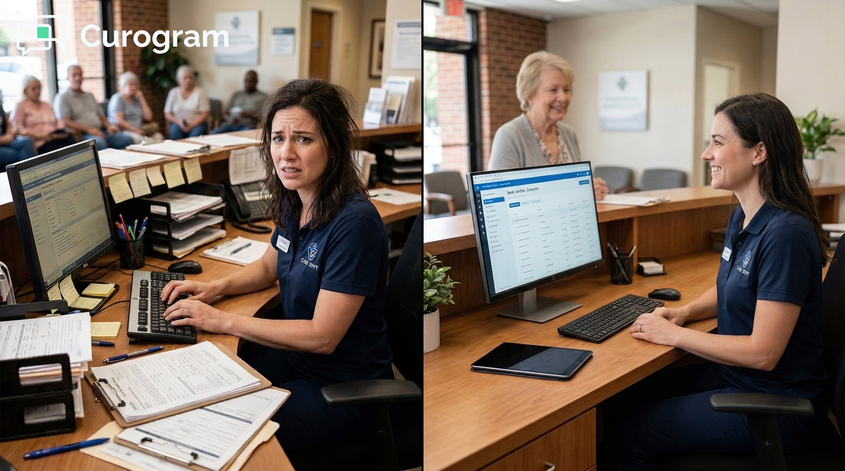 Comparison: Overwhelmed receptionist at messy desk vs. happy receptionist with digital intake