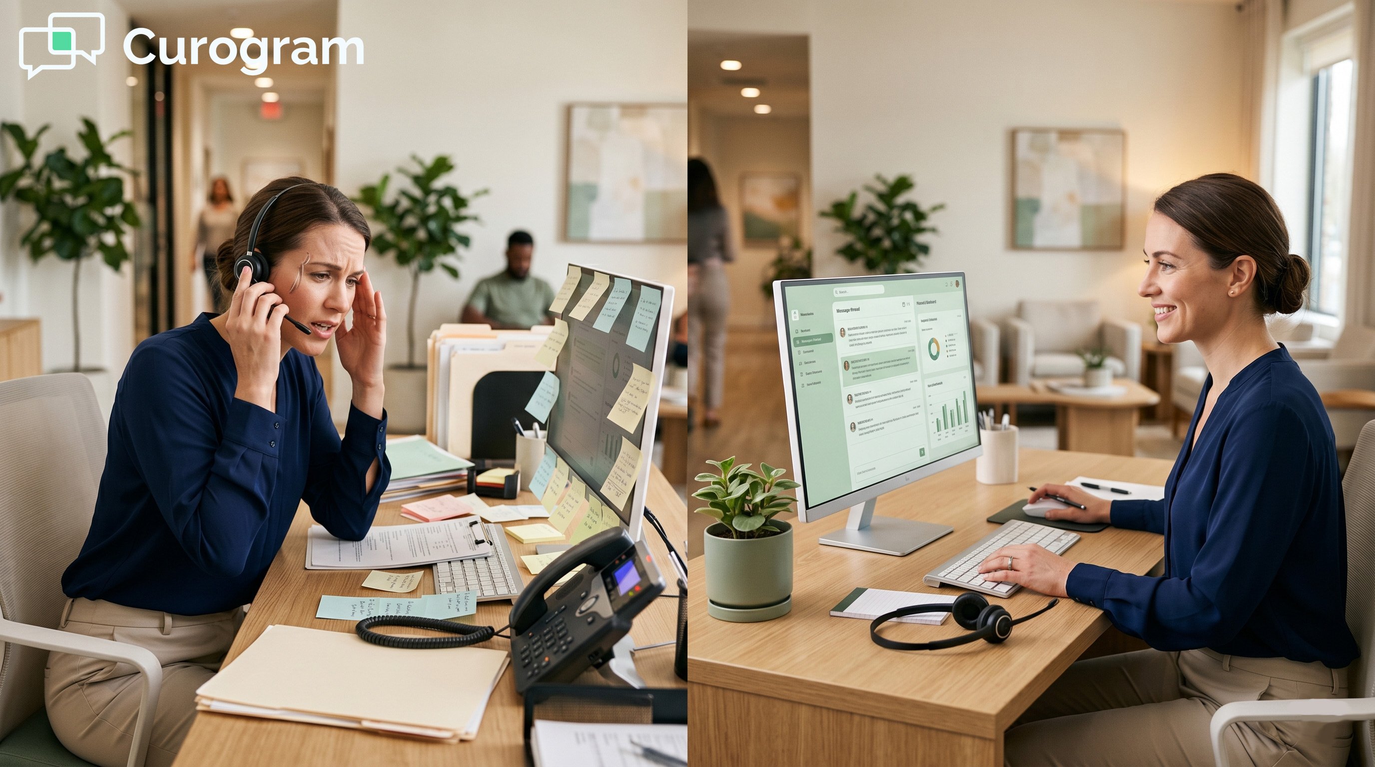 Stressed medical staff with high call volume vs calm receptionist using a digital scheduling inbox