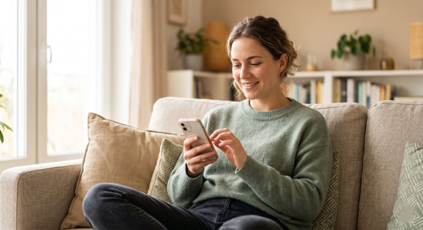 Woman sitting on a couch smiling at her phone