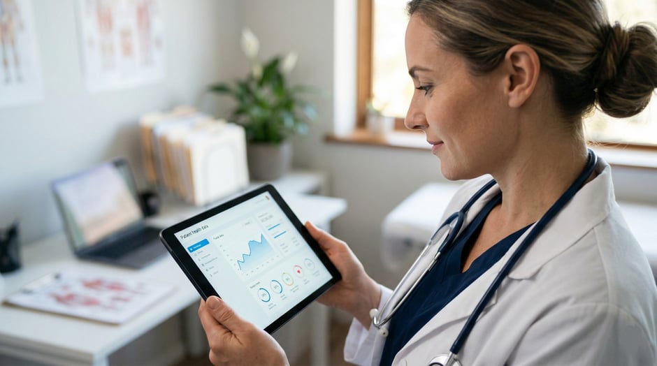 Healthcare provider reviews patient health trend charts on a modern tablet dashboard